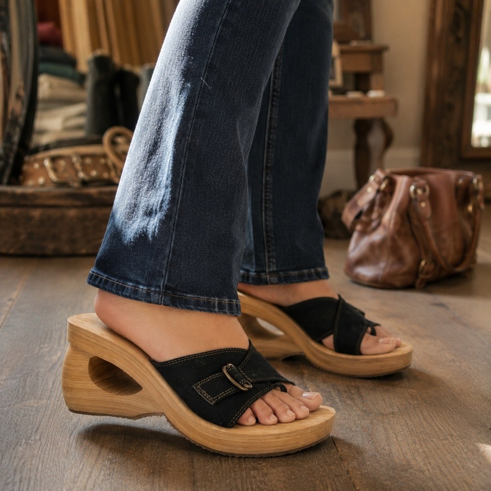 Somethin Else by Skechers Y2K Black foam Wood Cutout Platform Wedge Sandal 9.5